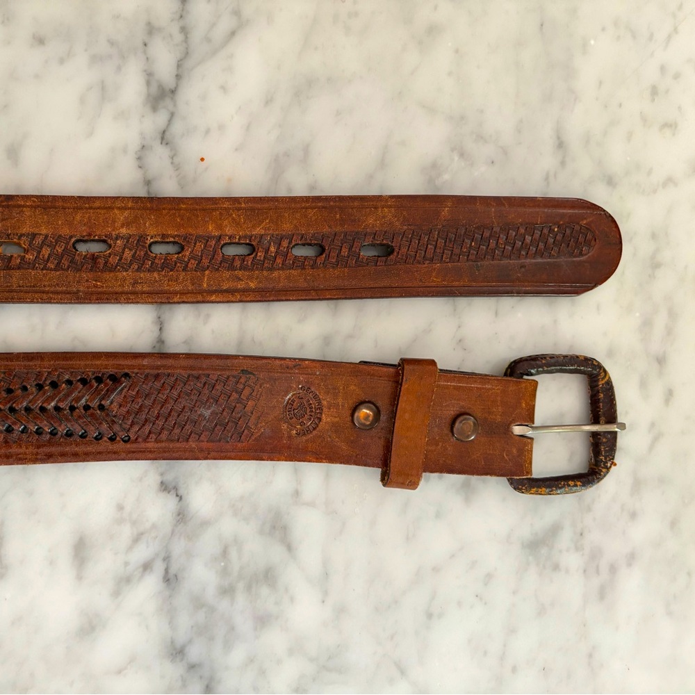 Leather tooled belt with great details size 40” waist